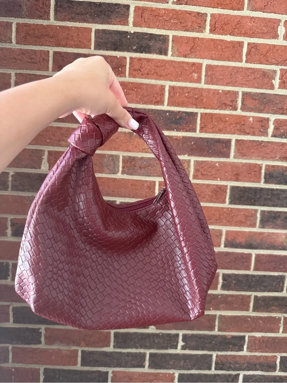 Vintage Inspired Burgundy Woven Faux Leather Hobo Shoulder Bag